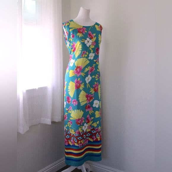 Vintage Y2K Mlle Gabrielle Dark Aqua Floral Print Sleeveless Tie Back Maxi Dress - Picture 5 of 7
